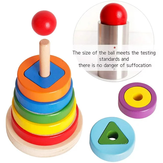 Wooden Toys Rainbow Tower Sorting Stacking Rings Building Puzzles Toys Educational Color Geometric Shape Recognition Learning