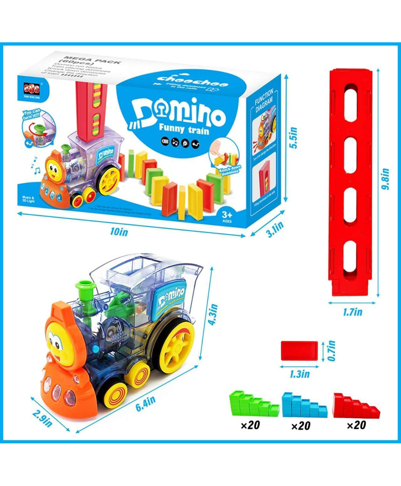 Domino Train Toy Set with Lights and Sounds Construction Stacking Dominoes Toys Multicolor - 60 Pieces