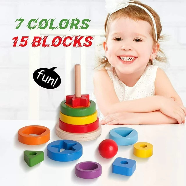 Wooden Toys Rainbow Tower Sorting Stacking Rings Building Puzzles Toys Educational Color Geometric Shape Recognition Learning