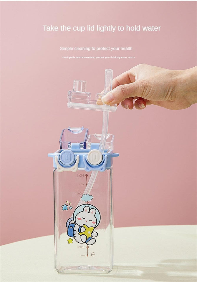 Cartoon Square Boys School Water Bottle with Double Screw Drinking Cup