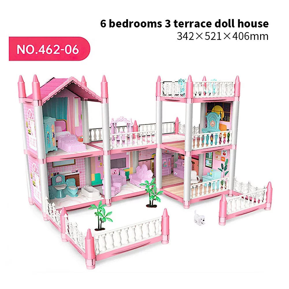 Dreamy Pink Dollhouse Playset, Equipped with 2 Dolls Figures and A Pet