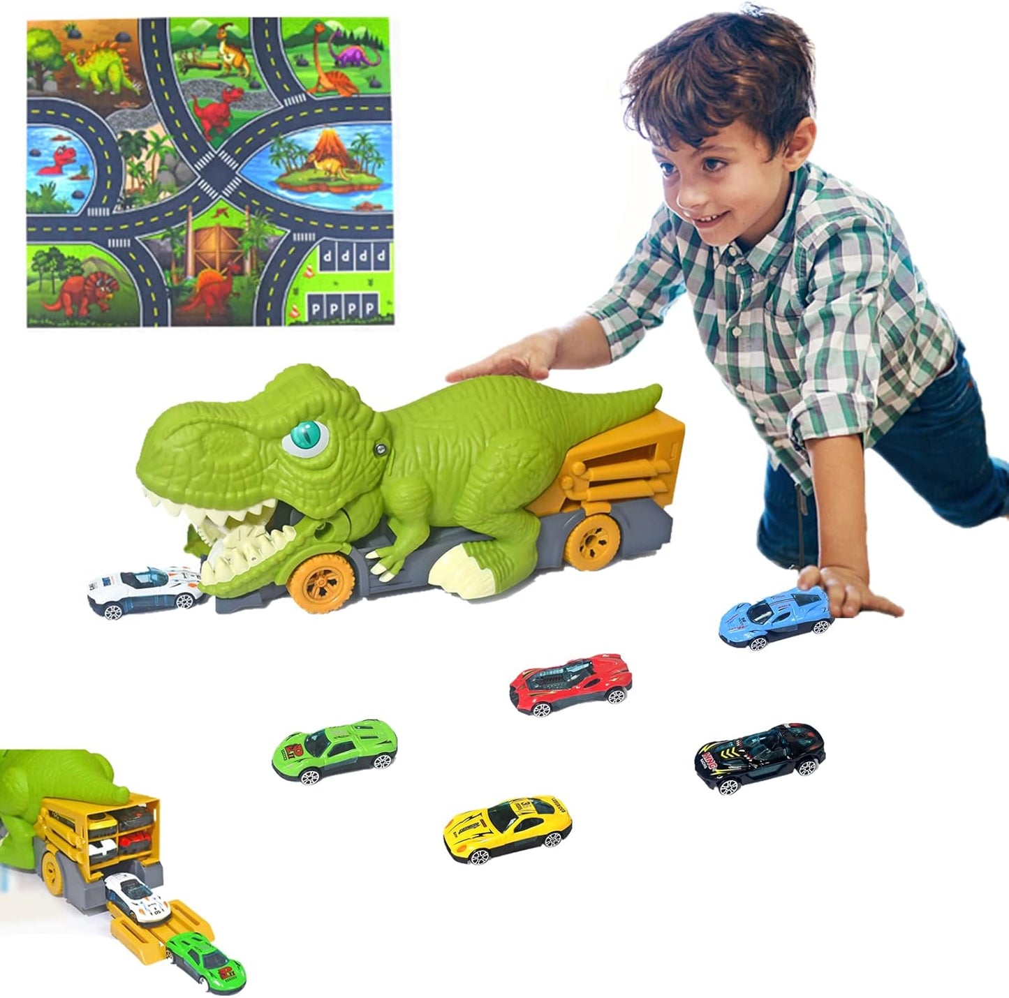 Transport Truck Playset with 6 Metal Cars and Activity Play Mat