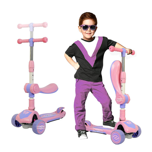 Magicwand Foldable 2-in-1 Sit & Stand Wide Platform Height Adjustable Kick Scooter for Kids with Foldable Seat,Lights & Music