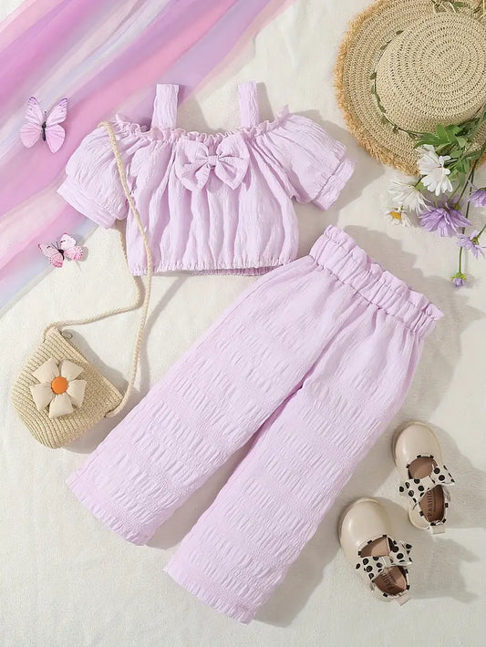 Shoulder Puff Sleeve Bow Decor Textured Crop T-shirt + Pants Set For Girls, Comfy And Trendy Holiday Set Summer Gift, Kids' Outdoor Clothing