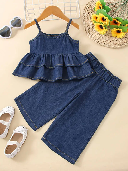 2pcs Girls Denim Ruffled Hem Cami Top & Elastic Waist Wide Leg Jeans Set