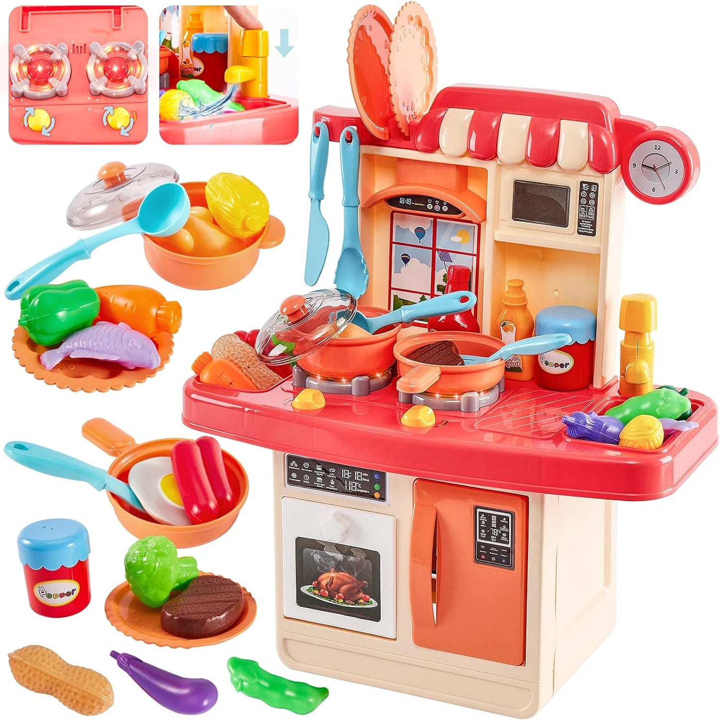 Kids Role Play Toy Mini Size Kitchen Set with Light and Sound Pretend Food Cooking Toys Set Cookware Playset Gifts for Children