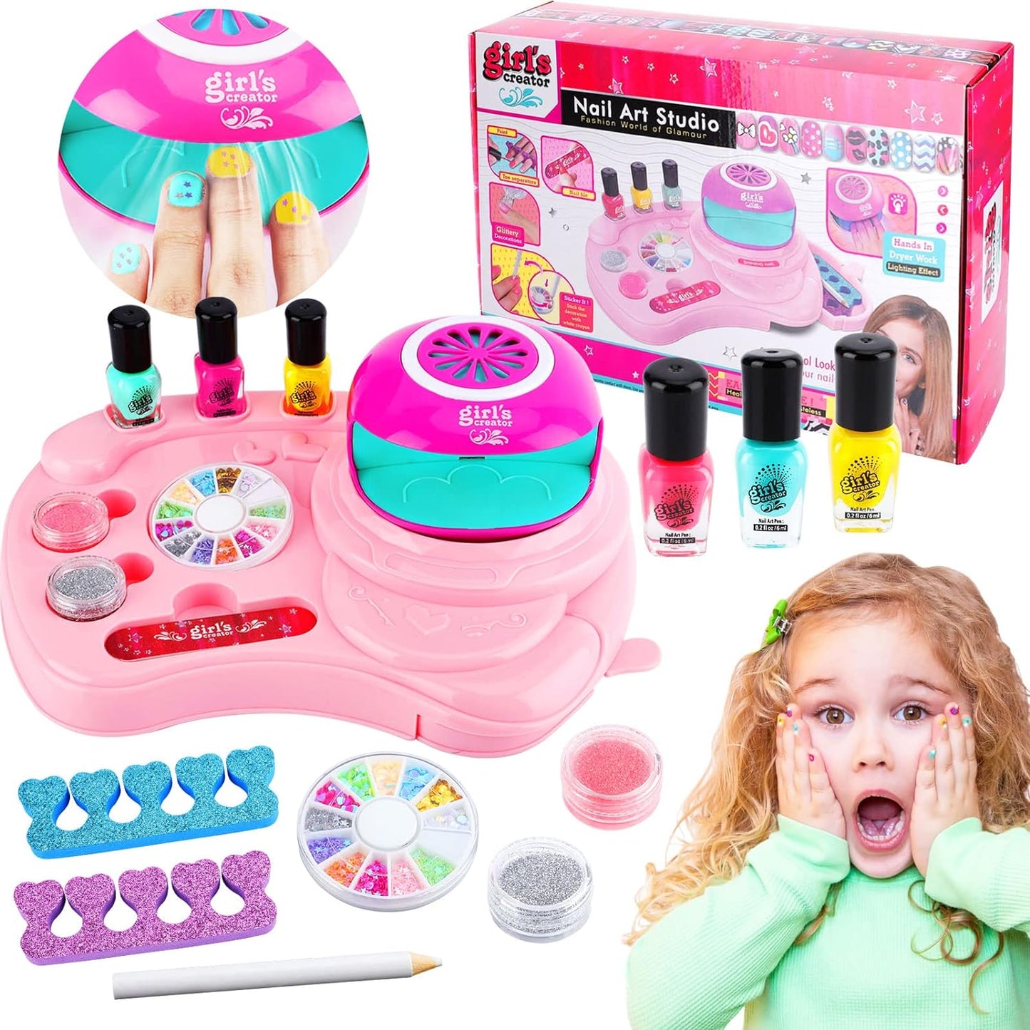 Children's Nail Polish Set, Peel Off Nail Polish and Nail Dryer, Nail Studio Children