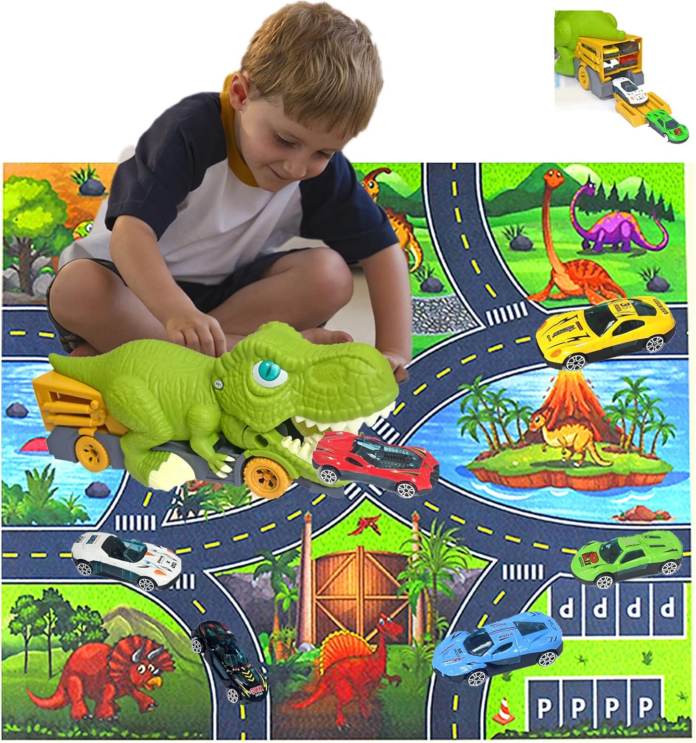 Transport Truck Playset with 6 Metal Cars and Activity Play Mat