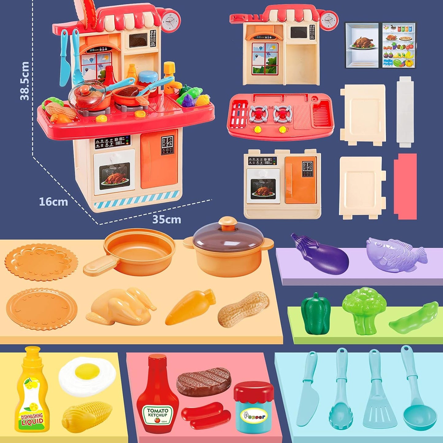 Kids Role Play Toy Mini Size Kitchen Set with Light and Sound Pretend Food Cooking Toys Set Cookware Playset Gifts for Children