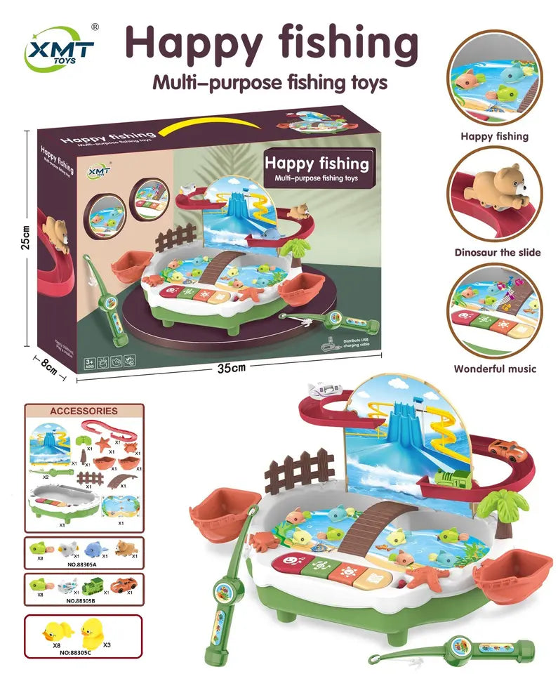 Happy Fishing Multi-function Slide Track Toy Storytelling Colorful Lights Stairs Electric Fishing Game Table Toy Set