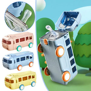 Straw Cup Leak-Proof Portable Cartoon Bus Car Shape Straw Water Bottle with Shoulder Strap Summer Drinking Bottle Leak Proof