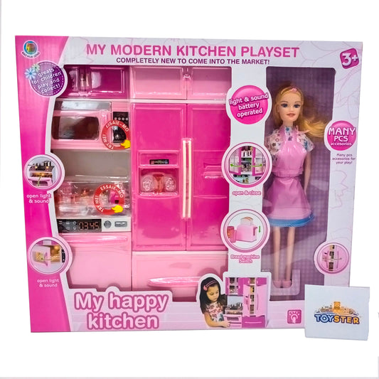 New Pretend Play 3 in 1 Simulation Kitchen Set Cooking Cabinet Tool Tableware Doll Toys for Girls With Light and Sound