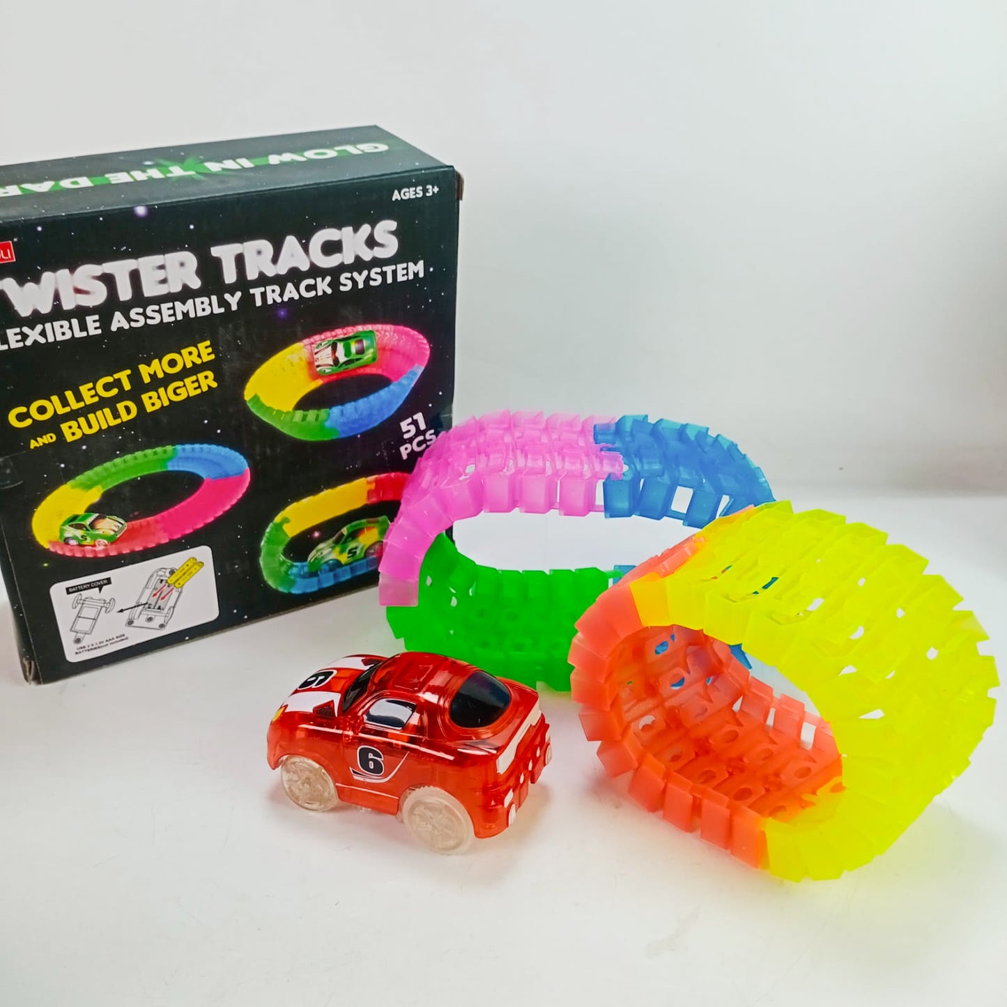 Battery Operated Nifty Glow In Dark Car Wister Track Race Set