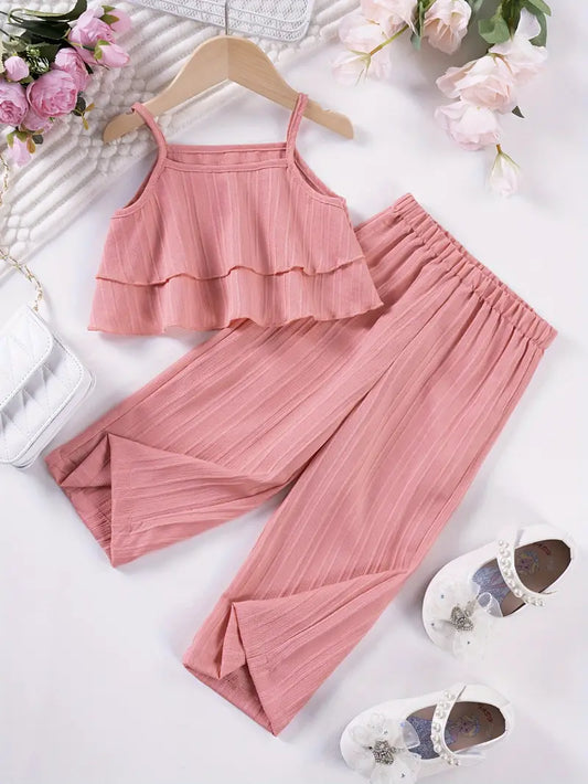 2pcs Baby's Solid Color Textured Cami Top + Casual Wide Leg Pants