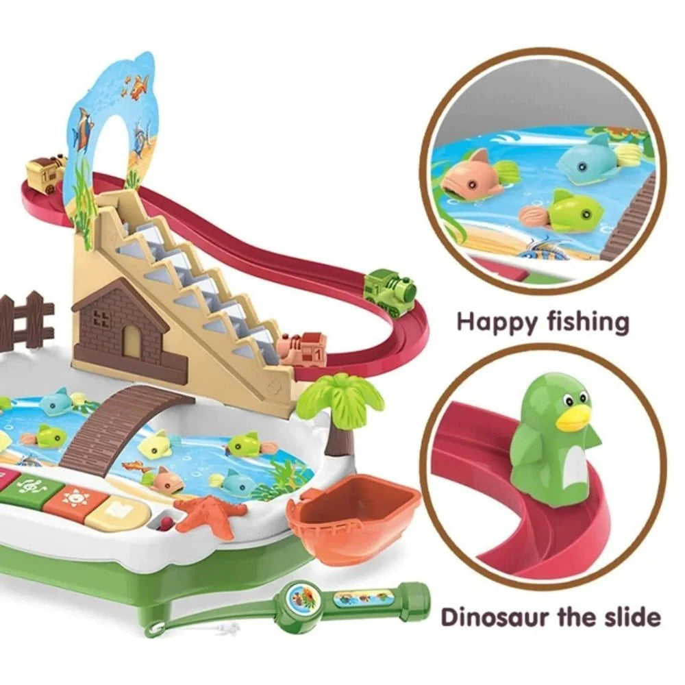 Happy Fishing Multi-function Slide Track Toy Storytelling Colorful Lights Stairs Electric Fishing Game Table Toy Set