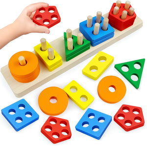 Wooden Sorting Stacking Toys, Shape Color Recognition Blocks Matching