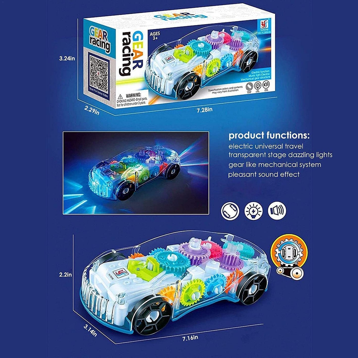 Transparent Gear Simulation Mechanical Sound and Light Car Toy for Boys and Girls