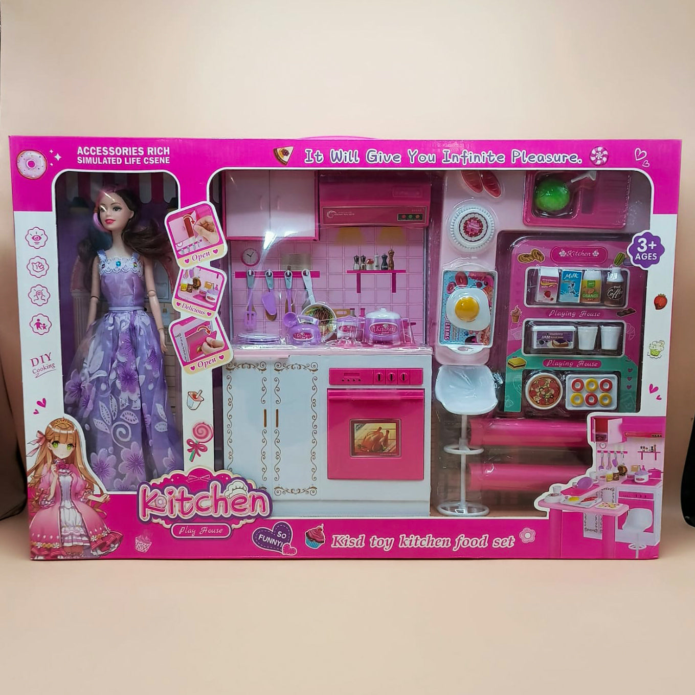Cute Doll With Battery Operated Cooking Kitchen Play Set with Light and Sound for Kids For Child Entertainment