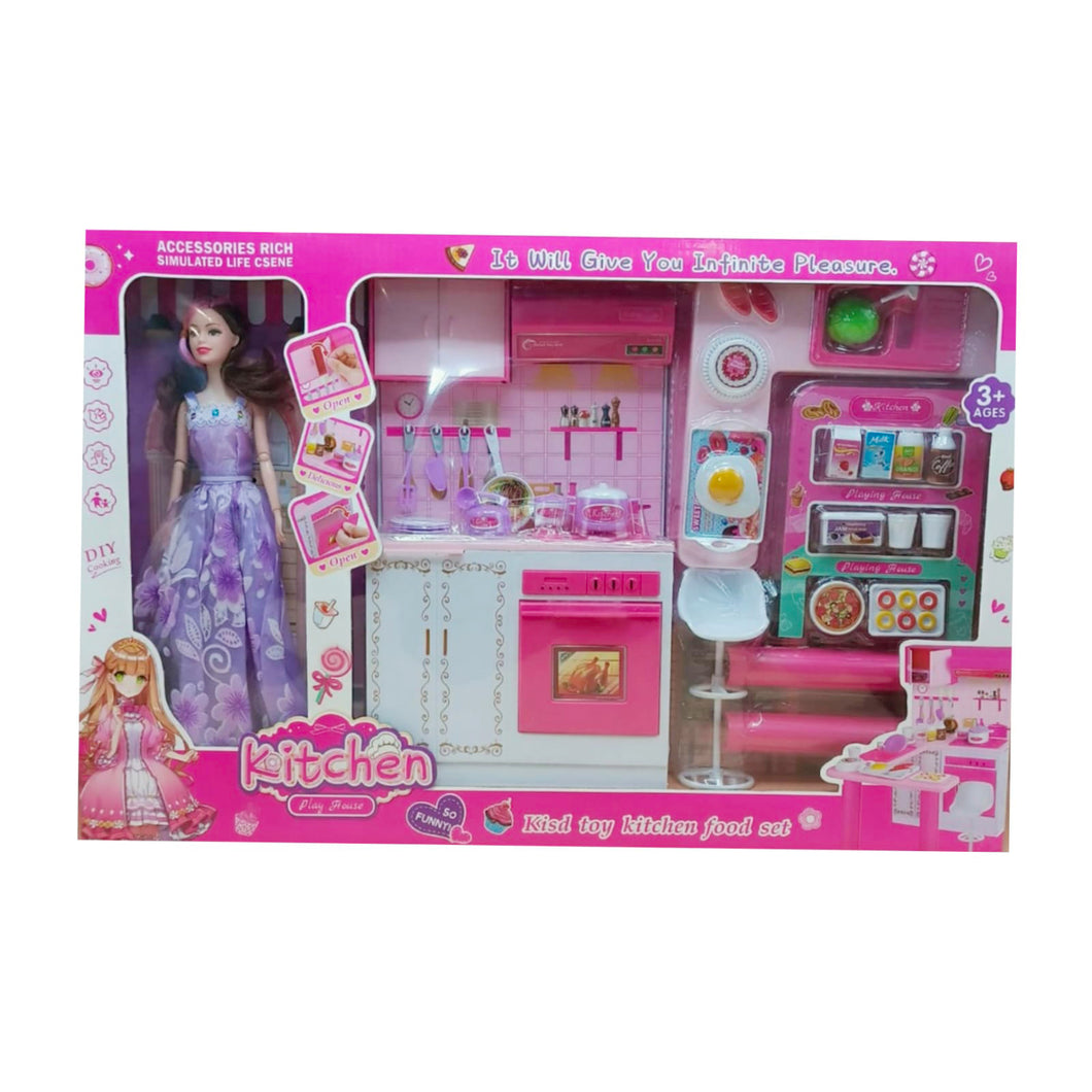 Cute Doll With Battery Operated Cooking Kitchen Play Set with Light an Toyster